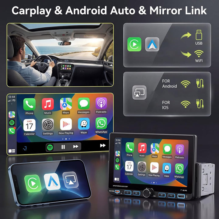 Hodozzy 1 Din RDS Autoradio mit Drahtlos Carplay Android Auto, 7 Zoll IPS Bildschirm,Unterstützt Blu