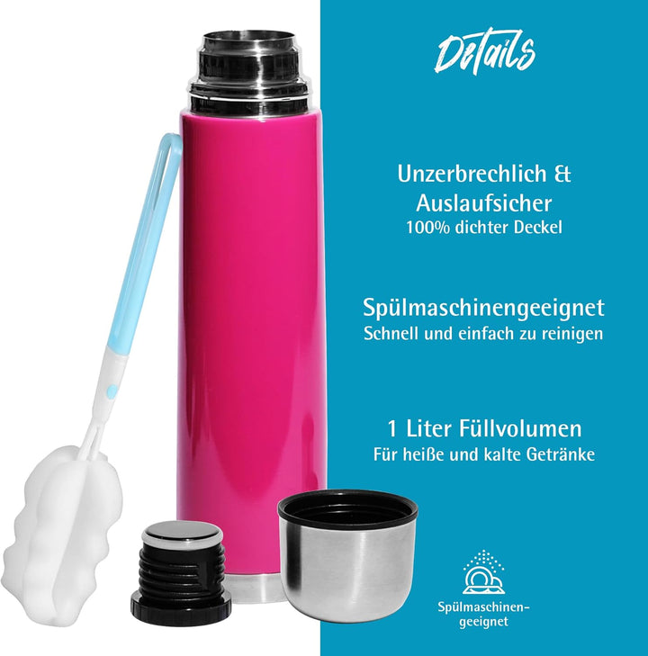 GRÄWE Thermosflasche,1 Liter Edelstahl Trinkflasche, Thermoskanne, Isolierflasche für unterwegs mit