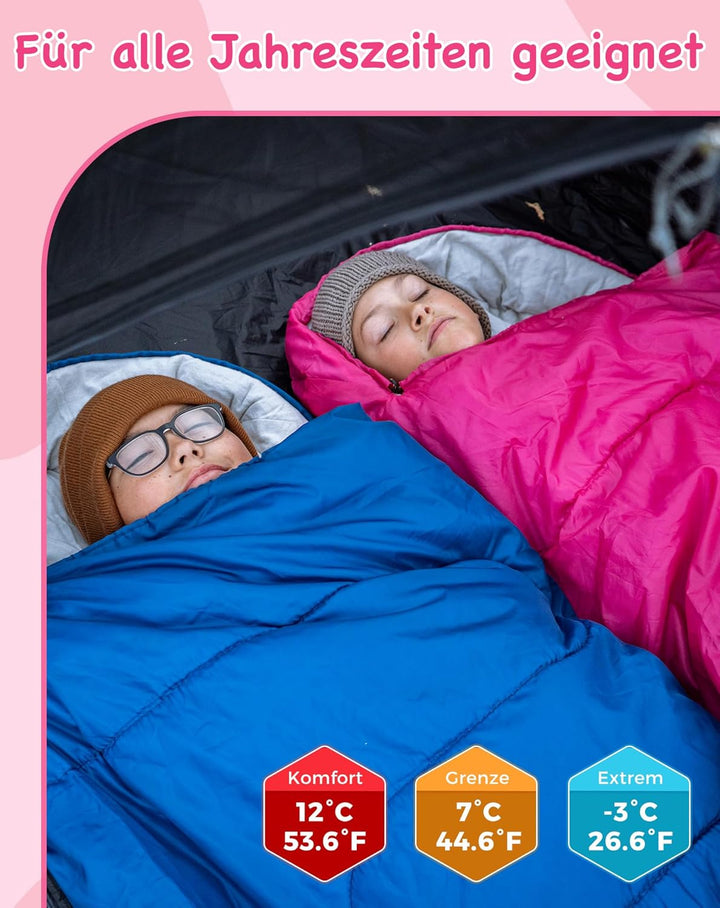 KingCamp Kinderschlafsack 3 Jahreszeiten Deckenschlafsack für Kinder 100-140cm Leicht Warm für Campi