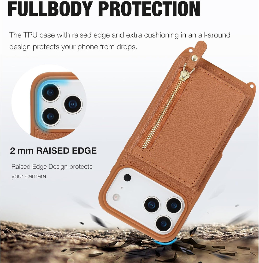 ELTEKER Handyhülle für iPhone 17 Pro Hülle mit Band, Kartenfach Reissverschluss Geldbörse, Handy-Umh