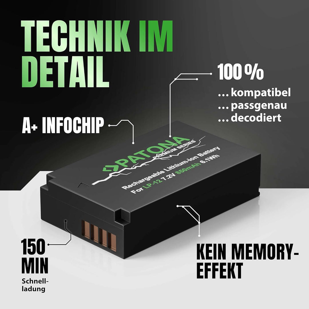PATONA 2X Premium Akku Ersatz für Canon LP-E12 LPE12 Battery Pack 850mAh | Ersatzakku für EOS 100D R