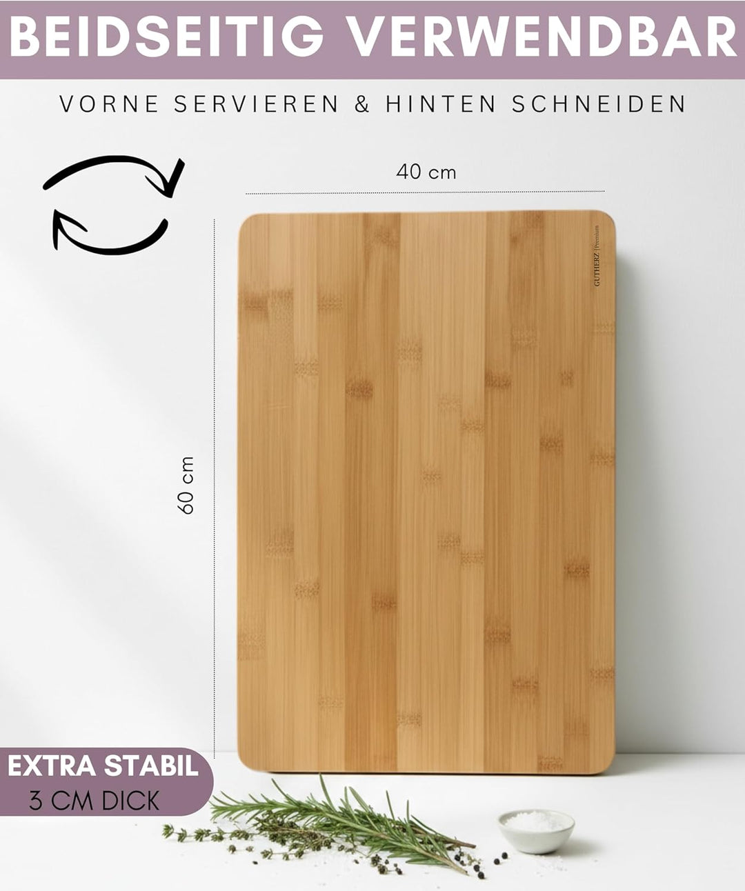 Schneidebrett aus schönem Bambus | XXL -ohne Farbe oder Lack | 60 x 40 x 3 cm | Gross & Natürlich |