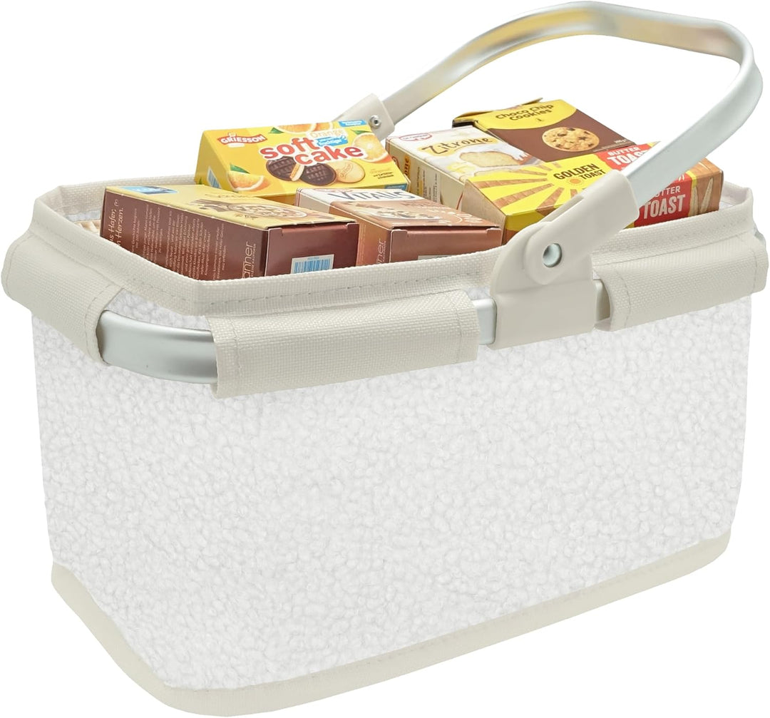 Tanner DER KLEINE Kaufmann Tanner Deco – Einkaufskorb aus Teddystoff (weiss, mit Miniaturen, verstel