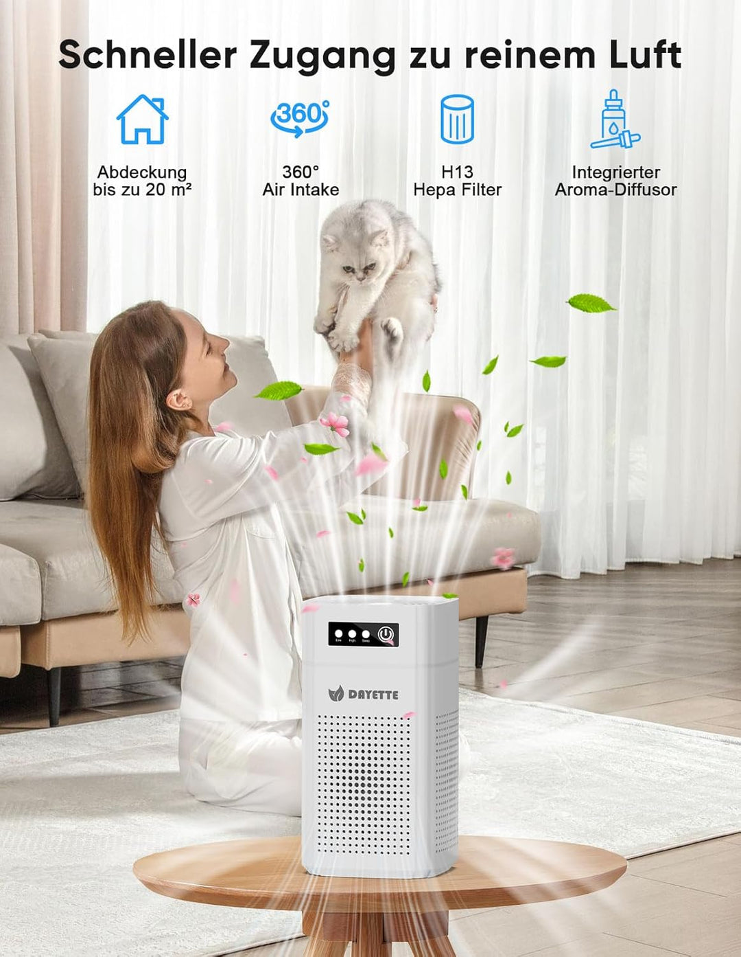 DAYETTE Tragbarer Luftreiniger für Allergiker, ideal für Schlafzimmer und Auto, mit Duftschwamm und