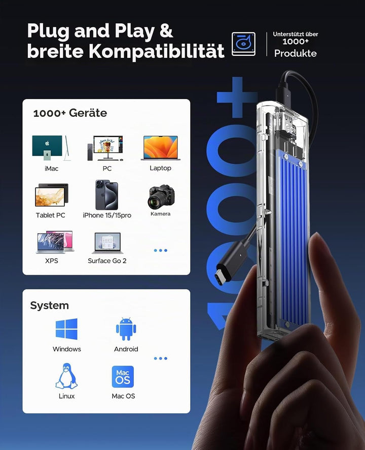 ORICO NVMe Gehäuse, USB 3.2 Gen2 (10Gbps) M.2 SSD Adapter, Transparent Externe M2 Gehäuse für PCIe M