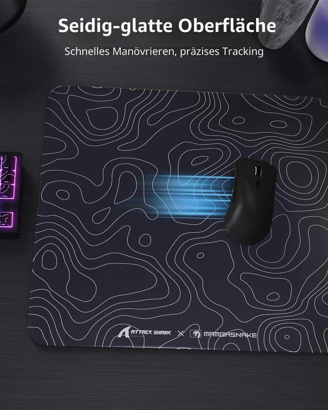 MAMBASNAKE x ATTACK SHARK CM05 Contour Glass Hard Gaming Mousepad,Nano-Micro-Etched Texture,Smooth G