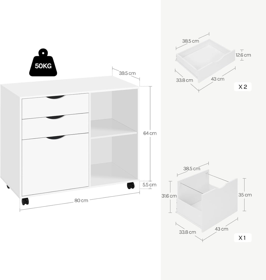 WOLTU Rollcontainer mit 3 Schubladen, mobiler Aktenschrank mit 5 Rollen, Büroschrank mit verstellbar