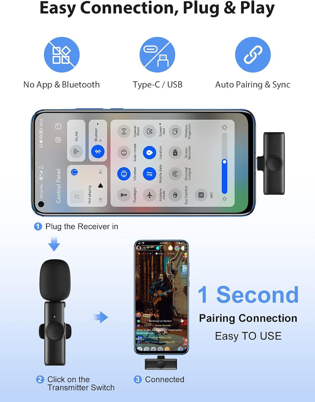 Handy Lavalier Mikrofon, 2.4GH【Type-C&USB】 Ansteckmikrofon für Android-Phones Tablets Vlogging Live-