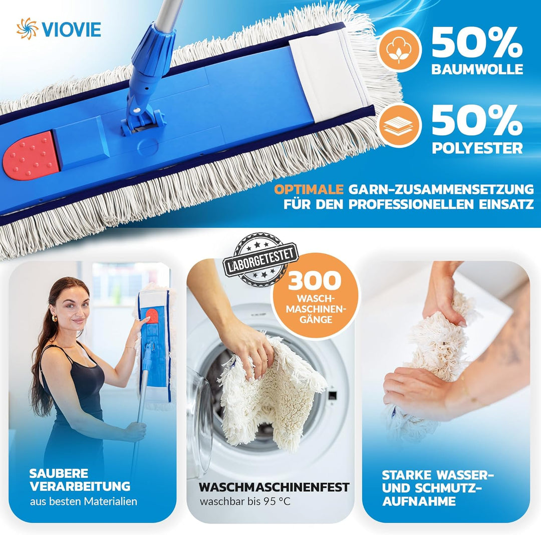 Premium WISCHER Set 50CM | Baumwoll-Wischmopp | 140 cm Alustiel | Magnethalter mit 1 klick System fü