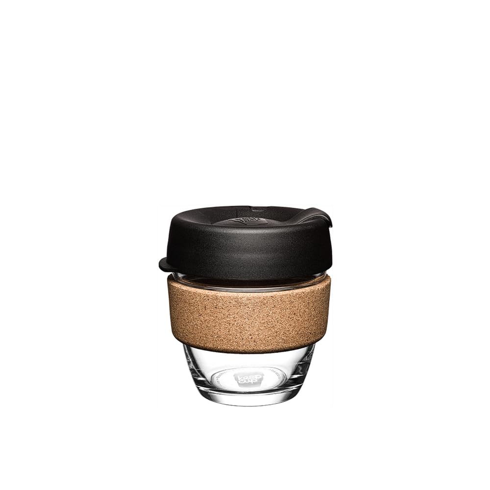KeepCup Brew Cork, Mehrweg-Glasbecher, spritzwassergeschütz, Small 8oz 227mls, Schwarz 1 Stück Schwa