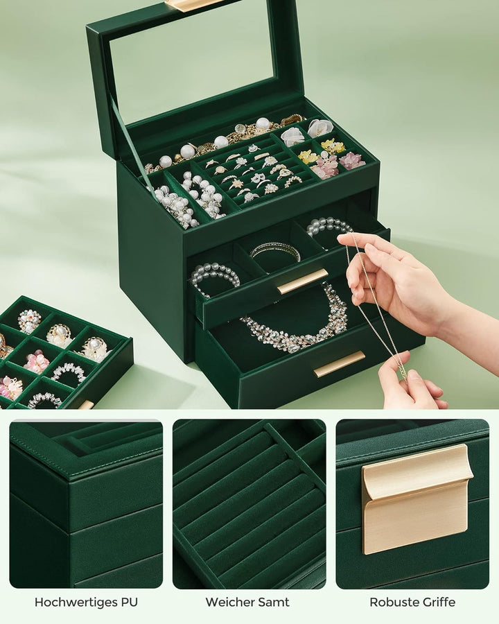 SONGMICS Schmuckkästchen, Schmuckkasten mit 4 Ebenen, Schmuckbox mit Glasdeckel, 3 Schubladen, für S