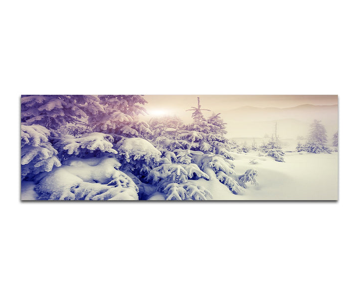 Paul Sinus Art Panoramabild auf Leinwand und Keilrahmen 150x50cm Bäume Berge Schnee Sonnenuntergang
