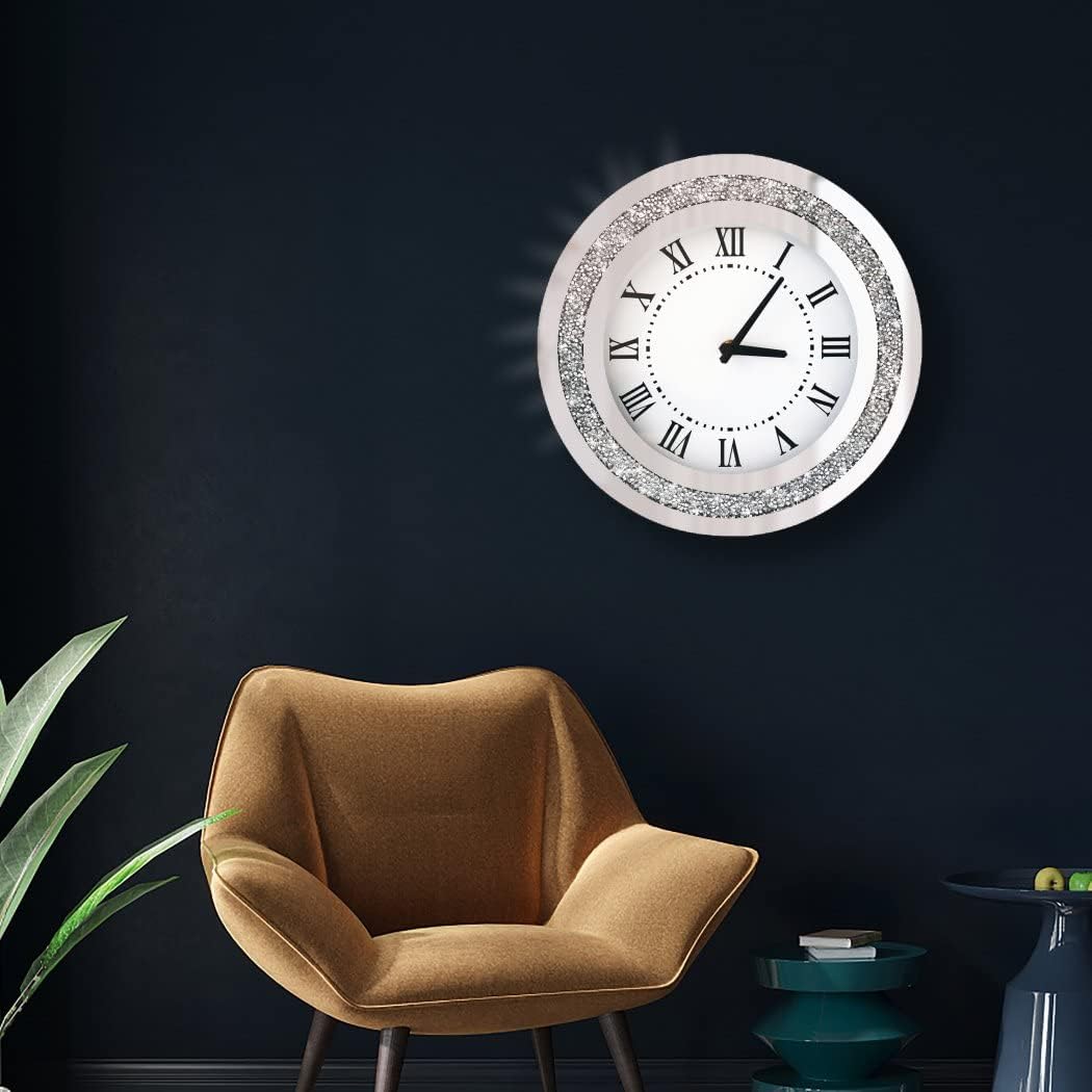 DMDFIRST Silberfarbener runder Spiegel, 30,5 cm, Kristallglitzer, glitzernd, Diamant-Spiegel-Wanduhr