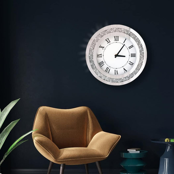DMDFIRST Silberfarbener runder Spiegel, 30,5 cm, Kristallglitzer, glitzernd, Diamant-Spiegel-Wanduhr
