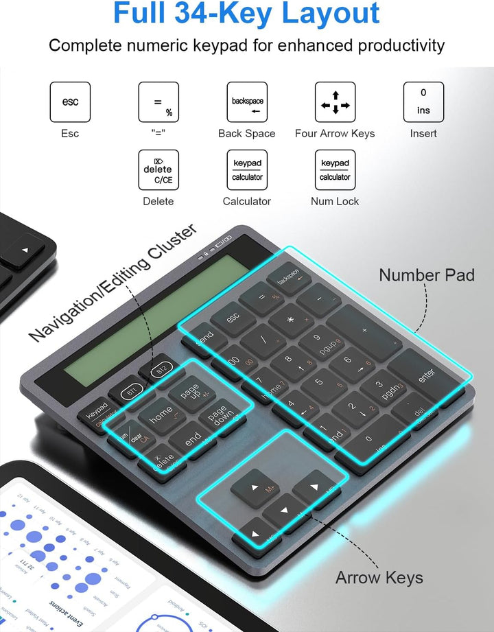 Bluetooth Nummernblock Taschenrechner Wiederaufladbar - 2-in-1 Kabelloser & Kabelgebundener Ziffernb