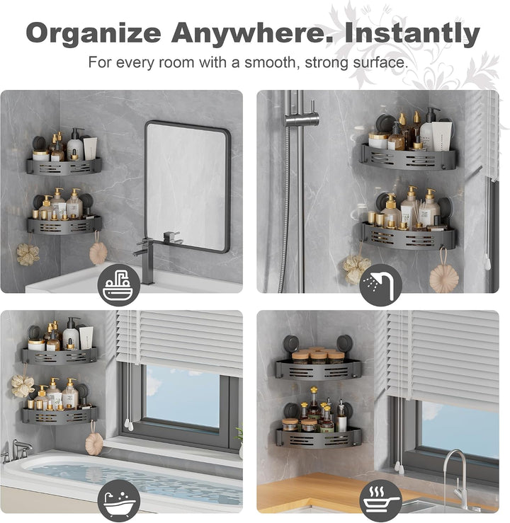Duschablage Ohne Bohren Ecke 2er Set, Duschregal Saugnapf Mit 4 Haken Gunmetal Grau, Gunmetal Grau