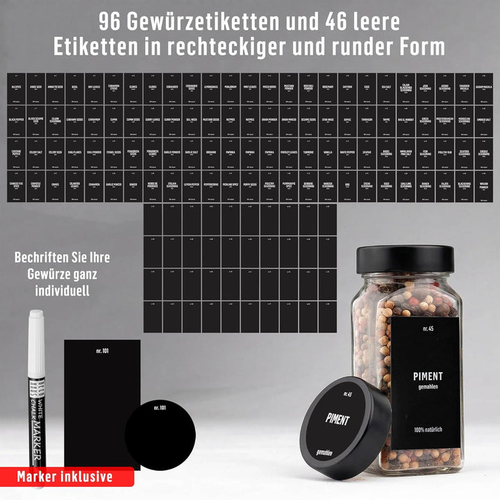 Deco haus® Gewürzgläser eckig luftdicht 12er Set [inkl. Etiketten & Streueinsatz] - Gewürzdosen Set