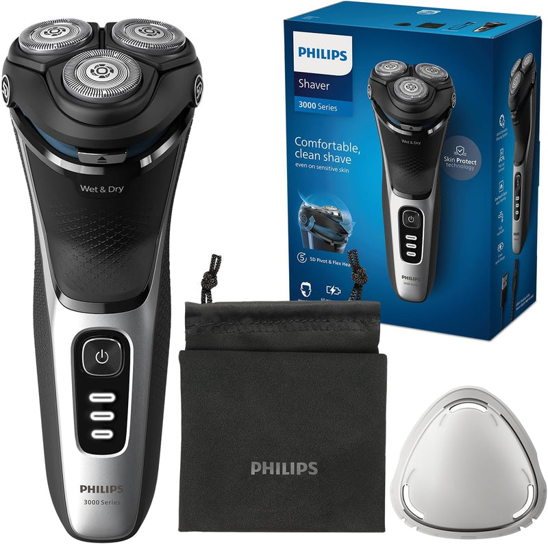 Philips Shaver Series 3000 – Elektrischer Nass- und Trockenrasierer für Männer in Schwarz, mit SkinP