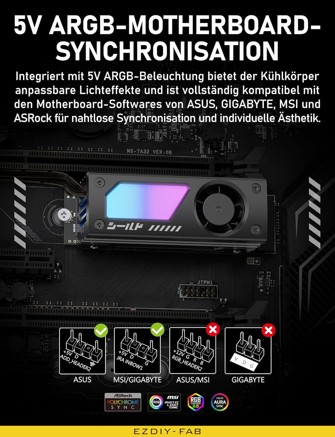 EZDIY-FAB Shield ARGB M.2 SSD-Kühler mit 20mm PWM-Lüfter, Premium-Aluminium-Design, 5V 3-Pin ARGB Sy