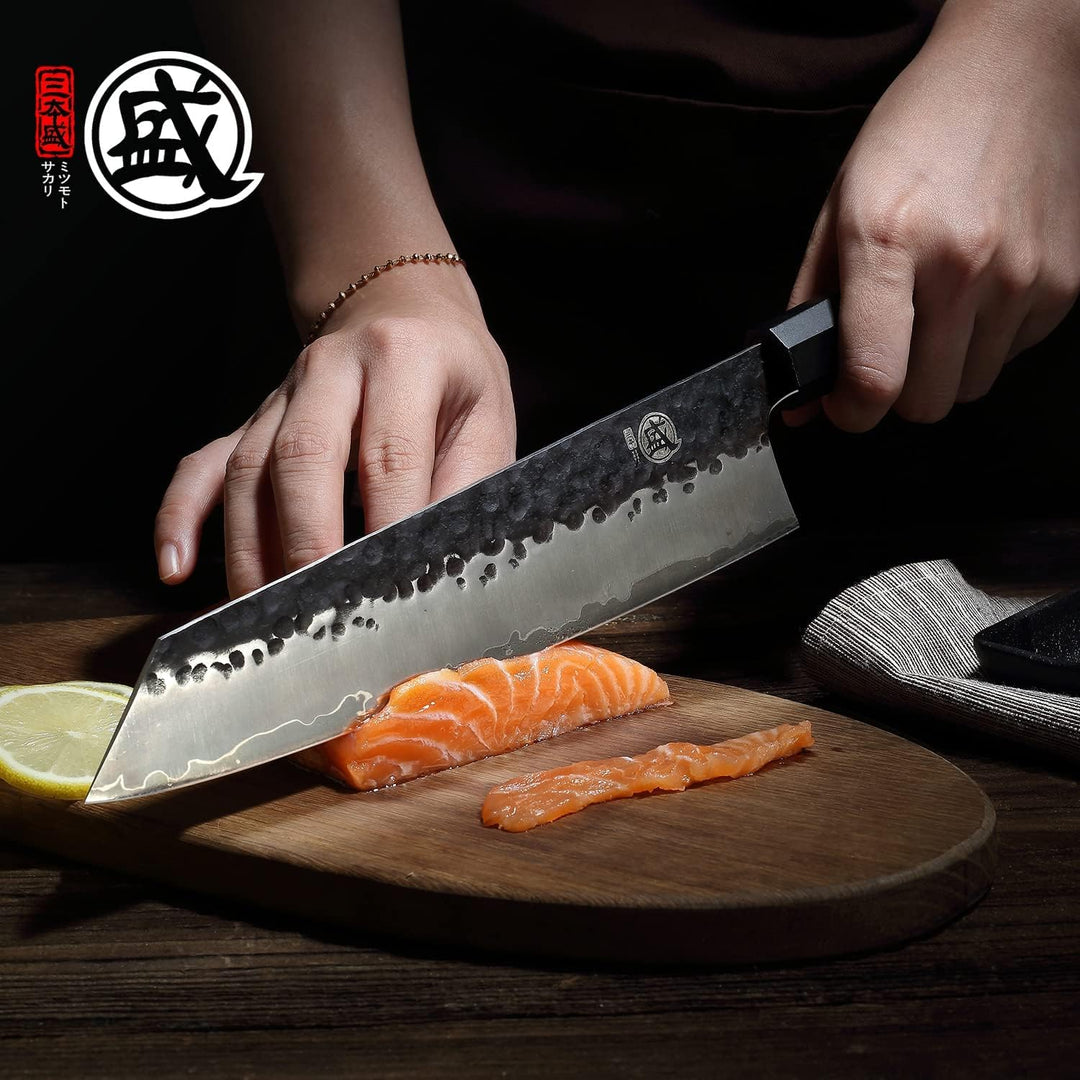MITSUMOTO SAKARI 23 cm Japanisches Kochmesser, Kiritsuke Küchenmesser Profi Stahl mit Hohem Kohlenst