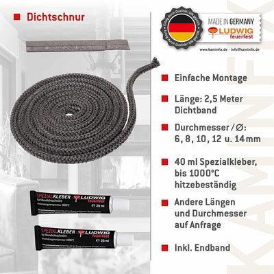 Ofendichtschnur 2,5m inkl. Kleber, Kaminreparaturset in der Grösse 6mm, hochwertige Ofentürdichtschn