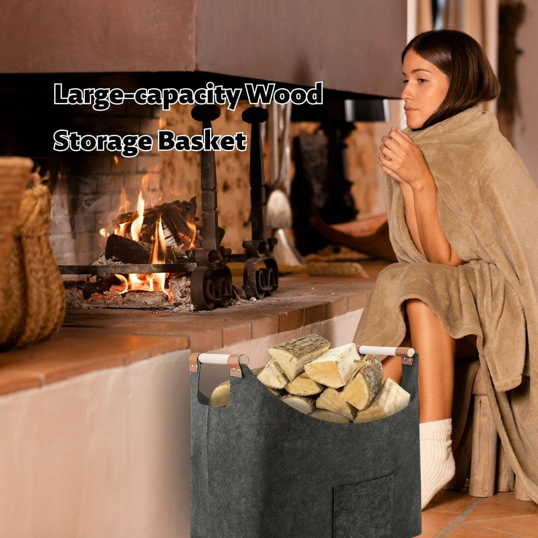 Kaminholzkorb aus Filz mit Tasche, Grosser Holzkorb für Kaminholz und Aufbewahrung im Innenbereich,