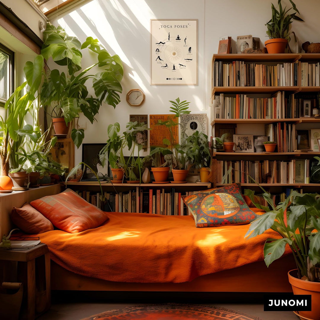 JUNOMI® Yoga Poster DIN A2 | Yoga Zubehör für Studio & Zuhause, Boho Wanddeko, Meditation | mit Rahm