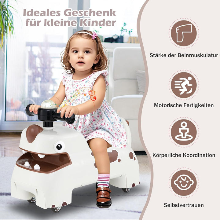 DREAMADE Rutschauto, Dinosaurier Rutschfahrzeug mit Hupe, Musik, Lichtern, Stauraum unter dem Sitz &