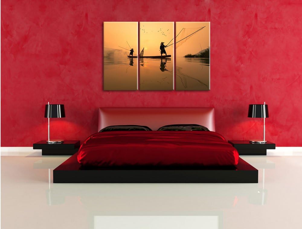 Pixxprint Fischer beim Angeln in Thailand als Leinwandbild/Grösse: 3 Teilig (120x80) / Wandbild/Kuns