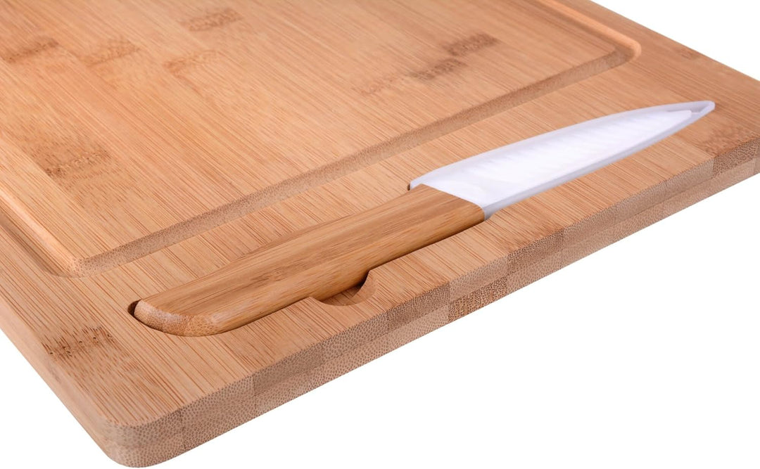 GRÄWE Bambus Schneidebrett Set mit Keramikmesser, 2-teilig, Küchenbrett aus Bambus mit Saftrille