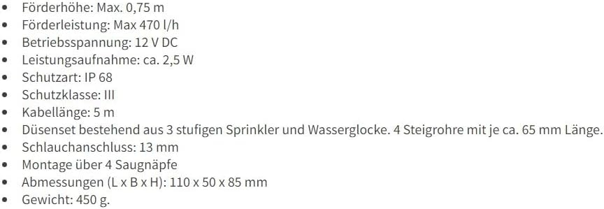 Solar Ersatzpumpe WaterSplash 5/470 l/h Gartenteichpumpe 0,6m Förderhöhe 12 DC Betriebspannung Garte