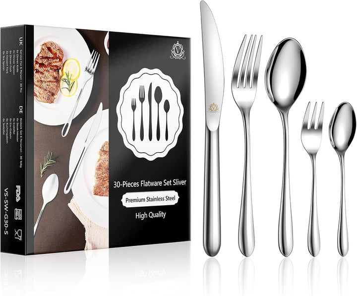 vancasso Besteck Set 6 Personen,30-Teilig Silberbesteck mit 6x Messer/6x Gabel/6x Löffel/6x Dessertl