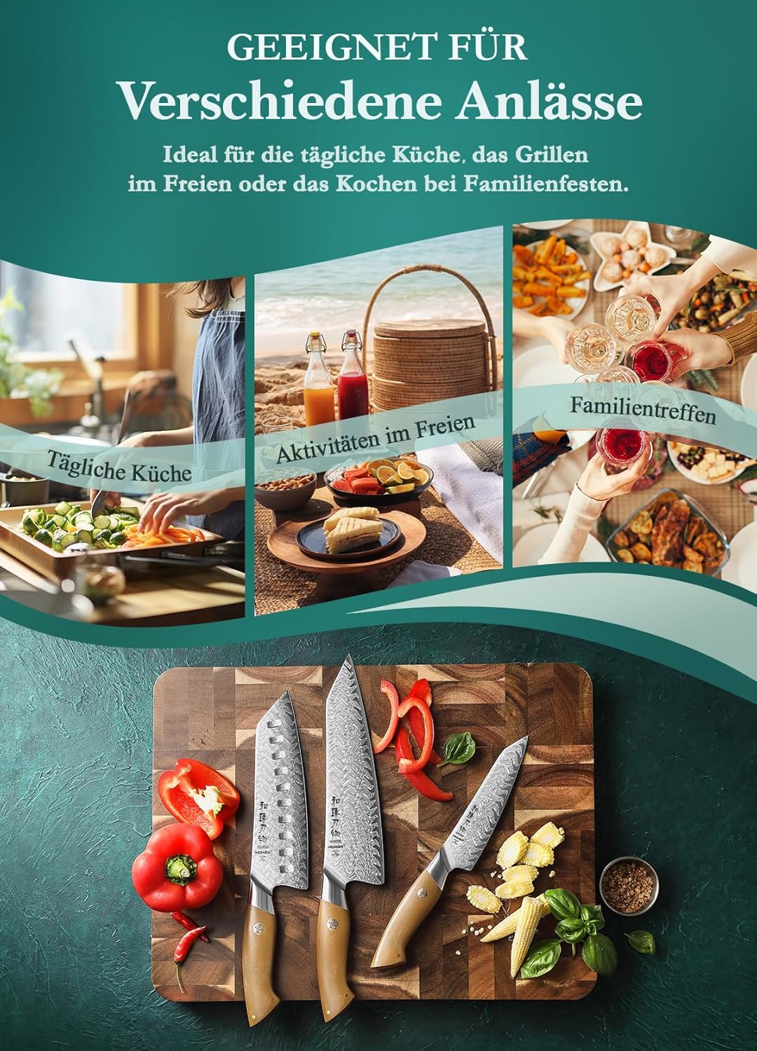 HEZHEN Messerset Profi Damast Küchenmesserset,Damaststahl Kochmesser Set Santoku Messer, Ergonomisch