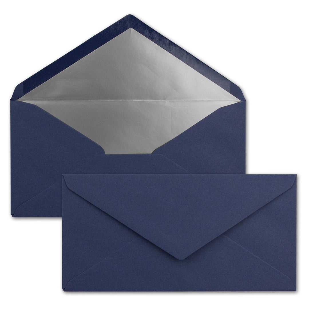100 Brief-Umschläge DIN Lang - Dunkel-Blau/Nachtblau mit Silber-Metallic Innen-Futter - 110 x 220 mm