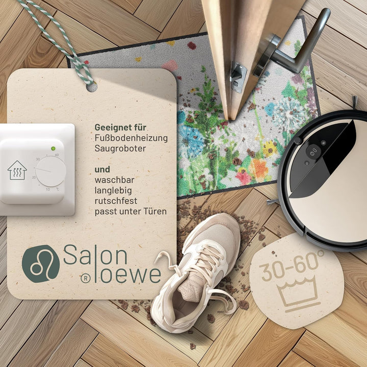 Salonloewe Fussmatte Bee happy Portrait 050x077 bunt Eingangsmatte Frühling Blumen