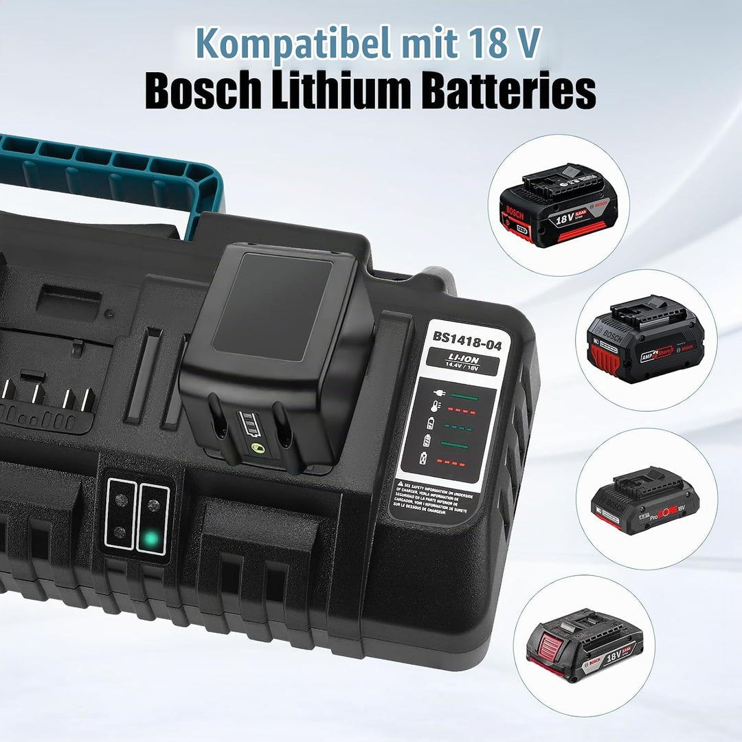 4‑Fach Akku‑Schnellladegerät mit Dual‑USB‑Anschlüssen | Für 14,4V‑18V Lithium‑Ionen‑Akkus, LED‑Anzei