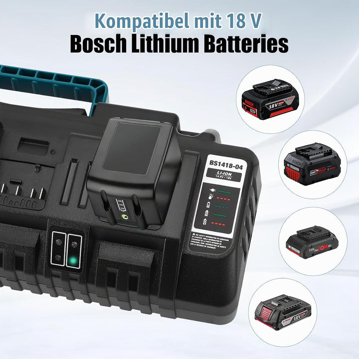 4‑Fach Akku‑Schnellladegerät mit Dual‑USB‑Anschlüssen | Für 14,4V‑18V Lithium‑Ionen‑Akkus, LED‑Anzei