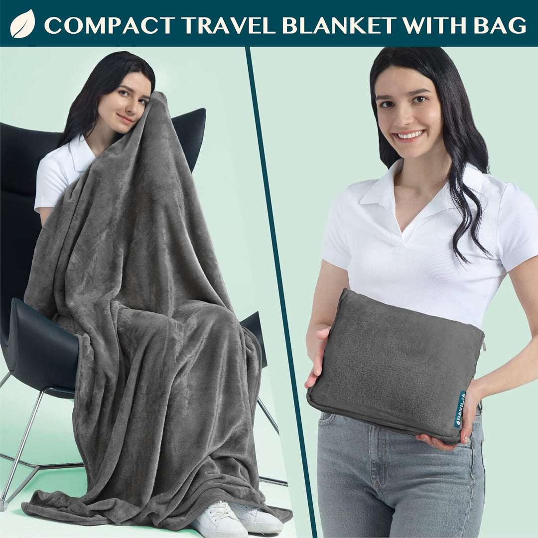 PAVILIA Reisedecke und -kissen, Doppelreissverschlüsse, Clip-Band, warmes, weiches Fleece, 2-in-1-Ko