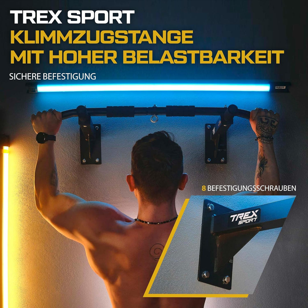 TREX SPORT Klimmzugstange zur Wandmontage TX-030PB| 6 rutschfeste Griffe, Öse für Boxsack | Pull Up