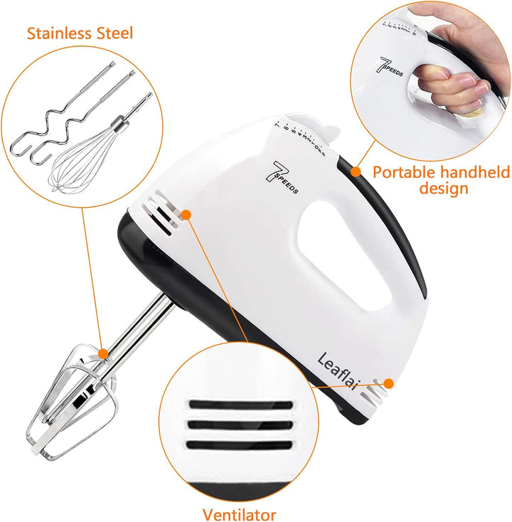 Handrührer Elektrisch-Handrührgerät, 7 StuFen Handmixer, Enthalten 2 Rührbesen, 2 Edelstahl-Knethake
