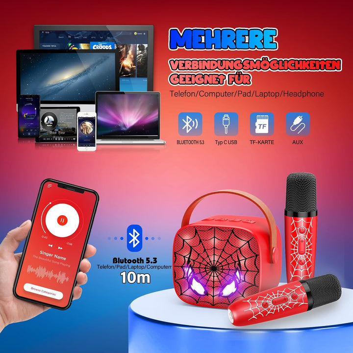 Braxel Geschenk Junge 3-12 Jahre, Karaoke Maschine Kinder mit 2 Kinder Mikrofon Bluetooth Spider Kin