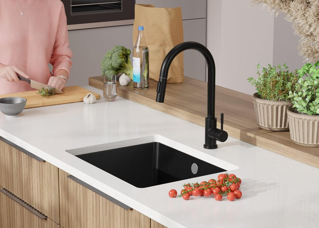 Unterbauspüle Granit Schwarz 56x44 cm, Granitspüle 1 Becken + Ablauf-Set + Küchenarmatur, Küchenspül