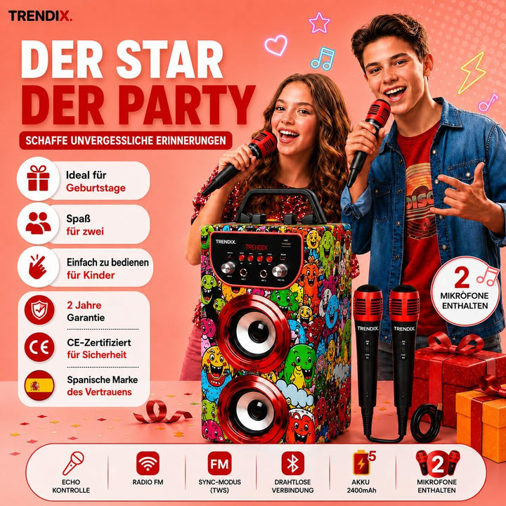 Trendix - Karaoke Maschine Kinder Monster Club | Karaoke Anlage Mit 2 Mikrofonen, Radio Fm, USB, Blu