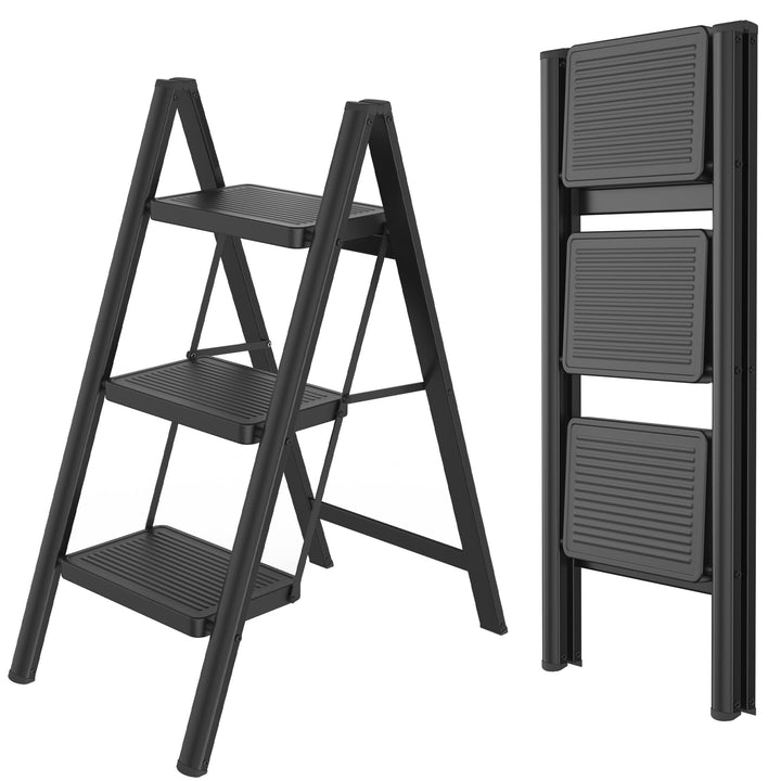 Aufun Trittleiter 3 Stufen, Klappleiter mit breitem Anti-Rutsch-Pedal, Haushaltsleiter Multifunktion