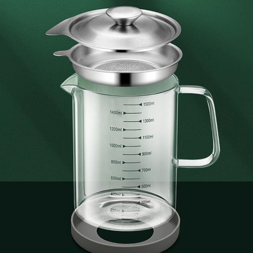BESTonZON Fetttrennkanne Glas Ölsieb Topf Transparent Kanne mit Sieb 1500ml Behälter Fettbehälter La