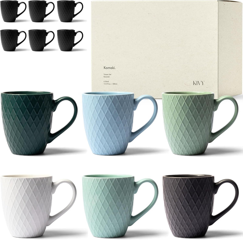 KIVY Kaffeetassen 6er Set [400 ml] - Hochwertige Kaffeetasse mit grossem Henkel - Keramik Tasse gros