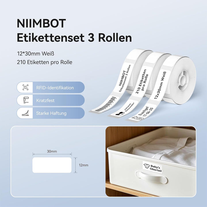NIIMBOT Etiketten Selbstklebender Etikettenband für D11 D110 D101 Etikettendrucker, 12 x 30mm 210 Et