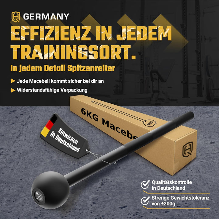 HQ Germany® Macebell [2-10kg] - 100% Stahl, ±200g Gewichtstoleranz - Pulverbeschichtete Mace Bell, G