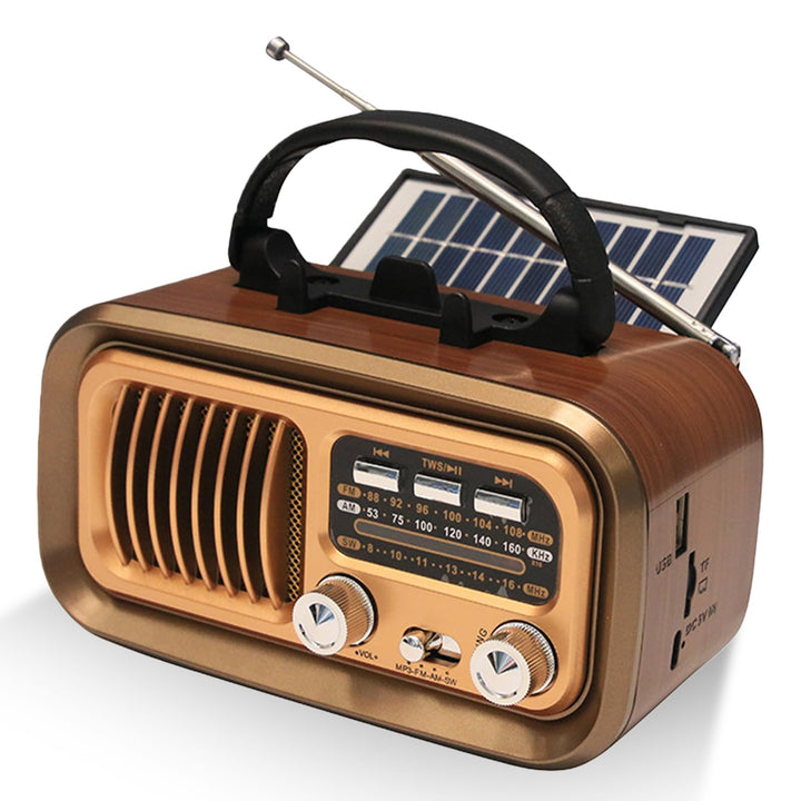Tragbar Retro Radio mit Bluetooth, AM/FM/SW Solar Kofferradio Batteriebetrieb/D-Zellen Betrieb, Laut