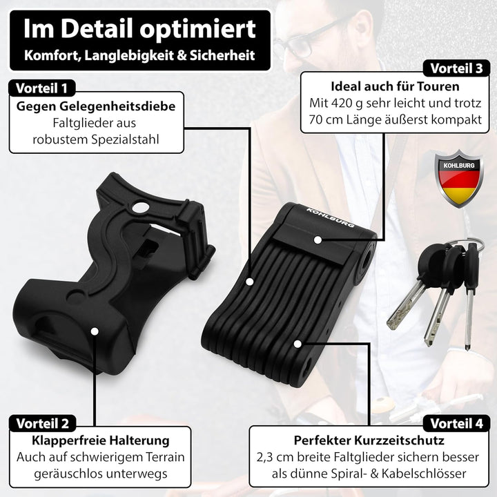 KOHLBURG sehr leichtes &amp; kleines Faltschloss für Kurz-Zeit-Schutz - Fahrradschloss 420g leicht für l